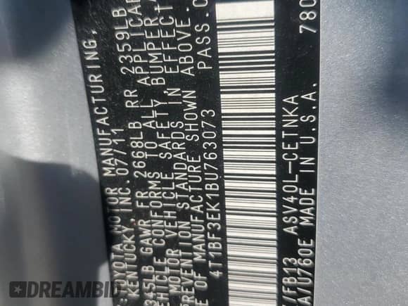 2011 Toyota Camry LE с VIN 4T1BF3EK1BU763073, выставлен на аукционе Copart как лот 85130335 с пробегом 164 741 миль миль и Списание • Salvage title. История ставок и продаж доступна на DreamBid. Изображение 13.