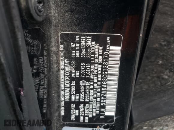 ✅ 2012 Hyundai Santa Fe SE • VIN: 5XYZHDAG3CG128170 • Lot: 89574305. Listed on Copart with 150,996 mi. Free auction sales archive from the USA and detailed vehicle history report at DreamBid. Image 13.