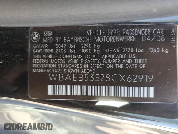 ✅ 2008 BMW 6 Series 650i • VIN: WBAEB53528CX62919 • Lot: 77254374. Listed on Copart with 179,029 mi. Free auction sales archive from the USA and detailed vehicle history report at DreamBid. Image 12.