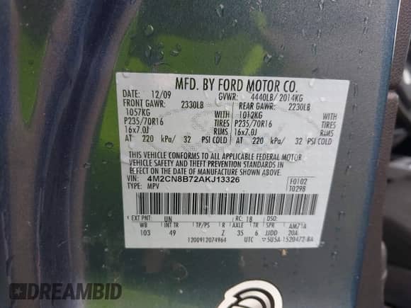 2010 Mercury Mariner с VIN 4M2CN8B72AKJ13326, выставлен на аукционе IAAI как лот 42284718 с пробегом 189 505 миль миль и . История ставок и продаж доступна на DreamBid. Изображение 9.