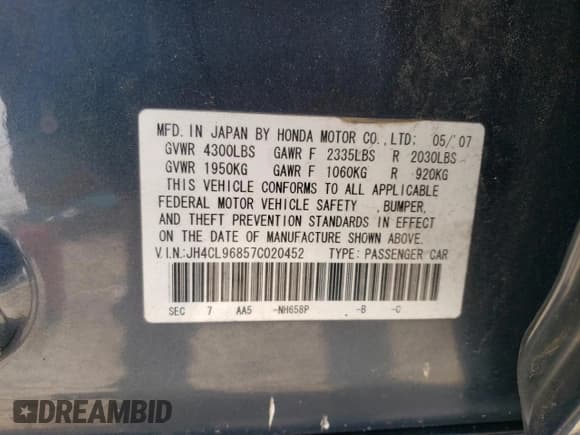 ✅ 2007 Acura TSX • VIN: JH4CL96857C020452 • Lot: 54427965. Wystawiony na Copart z przebiegiem 215 353 mil. Bezpłatny archiwum sprzedaży aukcyjnych z USA i szczegółowy raport historii pojazdu na DreamBid. Zdjęcie 12.