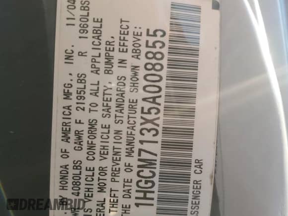 2005 Honda Accord LX with VIN 1HGCM713X5A008855, listed as a Copart auction lot 88670985 with 178,360 mi miles and Salvage title. Bid and sale history available at DreamBid. Image 14.