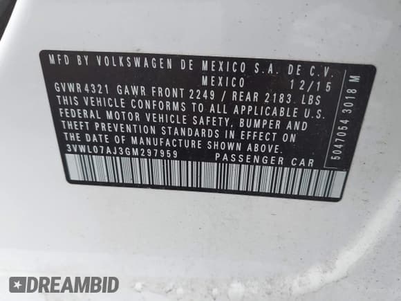 ✅ 2016 Volkswagen Jetta SEL • VIN: 3VWL07AJ3GM297959 • Lot: 42319444. Listed on IAAI with 50,130 mi. Free auction sales archive from the USA and detailed vehicle history report at DreamBid. Image 9.