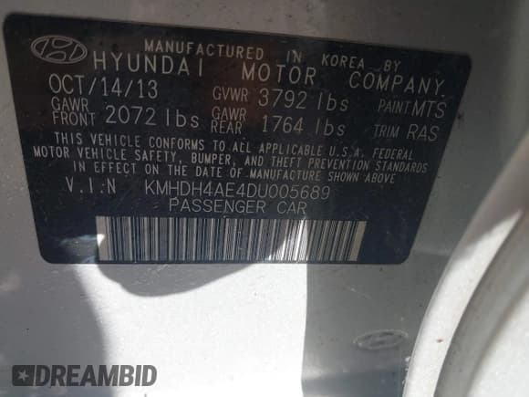 ✅ 2013 Hyundai Elantra GLS • VIN: KMHDH4AE4DU005689 • Lot: 43455817. Listed on IAAI with 207,105 mi. Free auction sales archive from the USA and detailed vehicle history report at DreamBid. Image 9.
