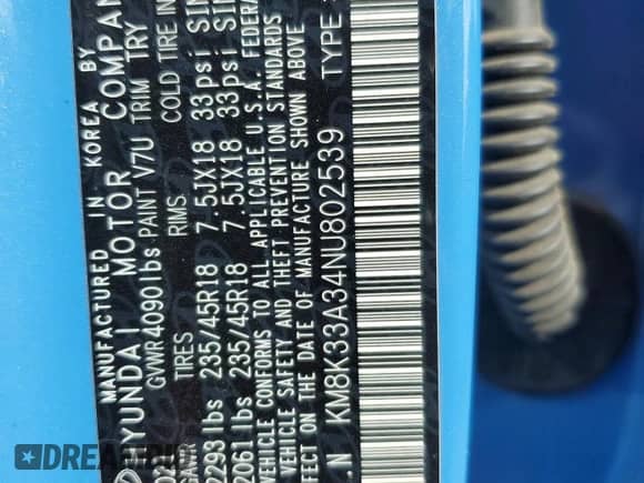 2022 Hyundai Kona N Line with VIN KM8K33A34NU802539, listed as a Copart auction lot 85749075 with 58,150 mi miles and Salvage title. Bid and sale history available at DreamBid. Image 14.