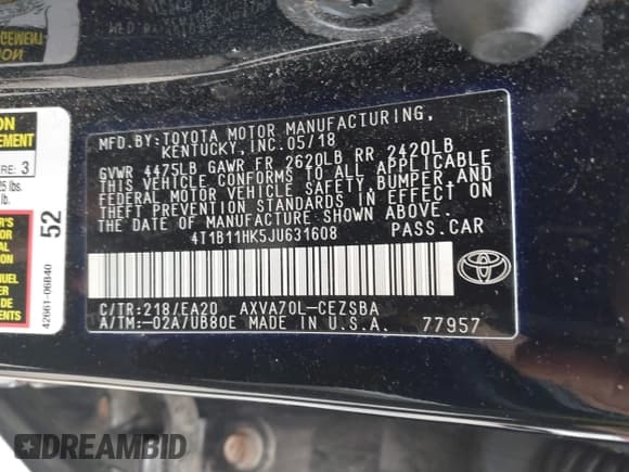 ✅ 2018 Toyota Camry SE • VIN: 4T1B11HK5JU631608 • Лот: 43593418. Опубликован ранее на IAAI с пробегом 61 348 миль. Бесплатный доступ к архиву аукционных продаж из США и подробный отчёт об истории автомобиля на DreamBid. Изображение 9.