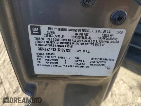 2001 Chevrolet Suburban LS с VIN 3GNFK16T31G189128, выставлен на аукционе Copart как лот 79692324 с пробегом Не указан миль и Списание • Salvage title. История ставок и продаж доступна на DreamBid. Изображение 13.