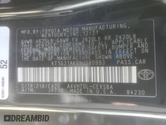 2022 Toyota Camry Hybrid SE with VIN 4T1G31AK8NU580993, listed as a Copart auction lot 81641015 with 138,818 mi miles and Salvage title. Bid and sale history available at DreamBid. Image 12.