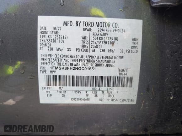 ✅ 2022 Ford Explorer Limited • VIN: 1FMSK8FH2NGC01651 • Lot: 42871711. Listed on IAAI with 53,440 mi. Free auction sales archive from the USA and detailed vehicle history report at DreamBid. Image 9.