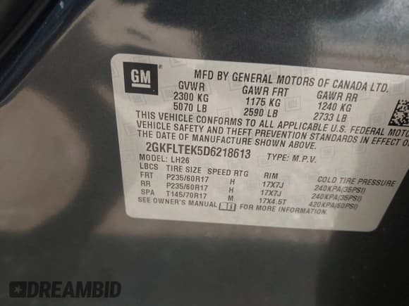 ✅ 2013 GMC Terrain SLE • VIN: 2GKFLTEK5D6218613 • Lot: 42982296. Listed on IAAI with 141,609 mi. Free auction sales archive from the USA and detailed vehicle history report at DreamBid. Image 9.