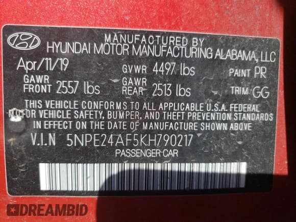 ✅ 2019 Hyundai Sonata SE • VIN: 5NPE24AF5KH790217 • Лот: 68172082. Опубликован ранее на Copart с пробегом 45 915 миль. Бесплатный доступ к архиву аукционных продаж из США и подробный отчёт об истории автомобиля на DreamBid. Изображение 12.