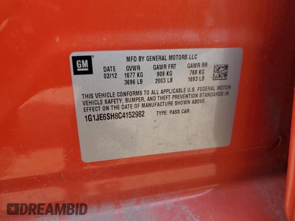 ✅ 2012 Chevrolet Sonic LTZ • VIN: 1G1JE6SH8C4152982 • Lot: 69071965. Listed on Copart with 181,086 mi. Free auction sales archive from the USA and detailed vehicle history report at DreamBid. Image 12.