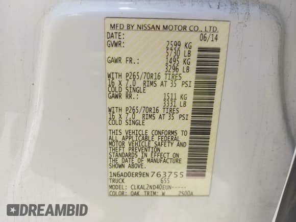 2014 Nissan Frontier Desert Runner z VIN 1N6AD0ER9EN763755, wystawiony jako IAAI lot #43352830 z przebiegiem 221 936 mil mil oraz . Historia ofert i sprzedaży dostępna na DreamBid. Obrazek 9.