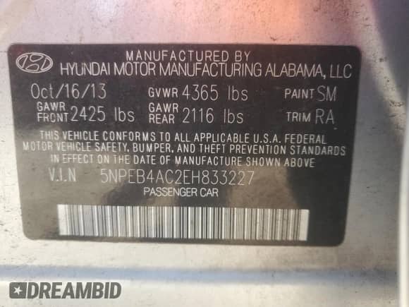 2014 Hyundai Sonata GLS with VIN 5NPEB4AC2EH833227, listed as a Copart auction lot 89473165 with 58,827 mi miles and Salvage title. Bid and sale history available at DreamBid. Image 12.