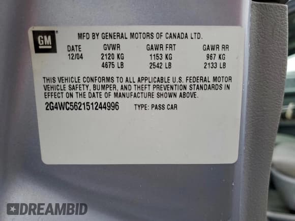 ✅ 2005 Buick LaCrosse CX • VIN: 2G4WC562151244996 • Lot: 94859855. Listed on Copart with 127,656 mi. Free auction sales archive from the USA and detailed vehicle history report at DreamBid. Image 12.