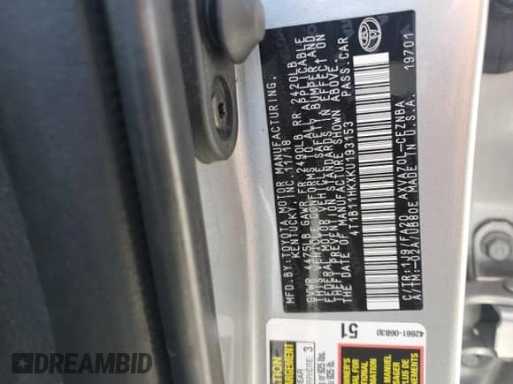 2019 Toyota Camry LE z VIN 4T1B11HKXKU193153, wystawiony jako Copart lot #66660725 z przebiegiem 130 057 mil mil oraz Szkoda całkowita • Salvage title. Historia ofert i sprzedaży dostępna na DreamBid. Obrazek 12.