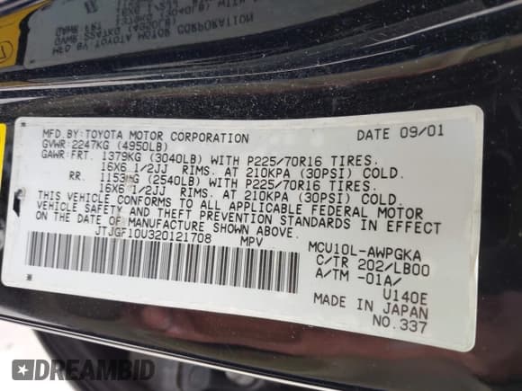 ✅ 2002 Lexus RX 300 • VIN: JTJGF10U320121708 • Lot: 42383693. Listed on IAAI with 273,781 mi. Free auction sales archive from the USA and detailed vehicle history report at DreamBid. Image 9.