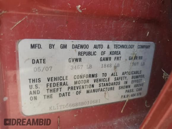 ✅ 2008 Chevrolet Aveo LS • VIN: KL1TD56688B010681 • Lot: 42521965. Wystawiony na Copart z przebiegiem Nie podano. Bezpłatny archiwum sprzedaży aukcyjnych z USA i szczegółowy raport historii pojazdu na DreamBid. Zdjęcie 12.