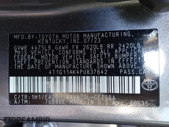 ✅ 2023 Toyota Camry SE • VIN: 4T1G11AK4PU837642 • Lot: 43513475. Listed on IAAI with 19,352 mi. Free auction sales archive from the USA and detailed vehicle history report at DreamBid. Image 9.