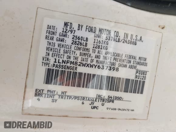 ✅ 1998 Lincoln Town Car Signature • VIN: 1LNFM82WXWY637398 • Lot: 42658093. Listed on IAAI with 91,600 mi. Free auction sales archive from the USA and detailed vehicle history report at DreamBid. Image 9.