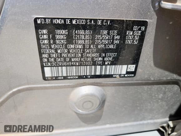 ✅ 2019 Honda HR-V Touring • VIN: 3CZRU6H94KM713902 • Лот: 61293365. Опубликован ранее на Copart с пробегом 80 286 миль. Бесплатный доступ к архиву аукционных продаж из США и подробный отчёт об истории автомобиля на DreamBid. Изображение 12.