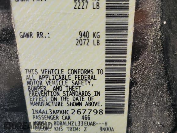 ✅ 2017 Nissan Altima SR • VIN: 1N4AL3APXHC267798 • Lot: 57521915. Listed on Copart with 114,631 mi. Free auction sales archive from the USA and detailed vehicle history report at DreamBid. Image 12.