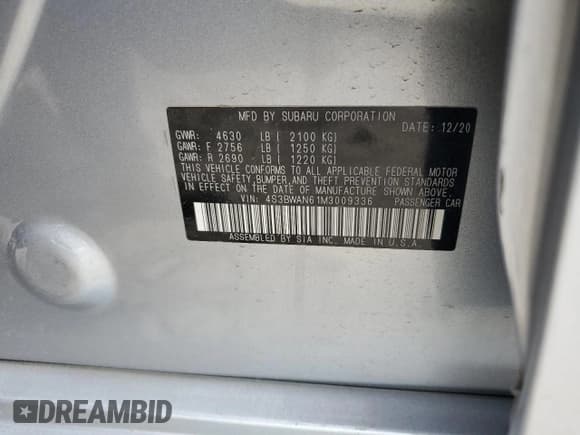 ✅ 2021 Subaru Legacy Limited • VIN: 4S3BWAN61M3009336 • Lot: 65001125. Listed on Copart with Not provided. Free auction sales archive from the USA and detailed vehicle history report at DreamBid. Image 12.