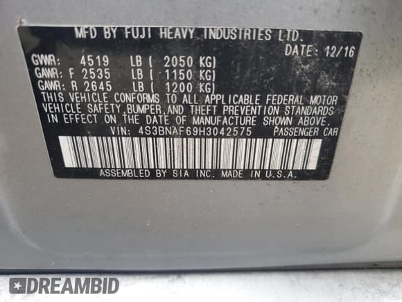 ✅ 2017 Subaru Legacy Premium • VIN: 4S3BNAF69H3042575 • Lot: 89546015. Listed on Copart with 139,183 mi. Free auction sales archive from the USA and detailed vehicle history report at DreamBid. Image 13.