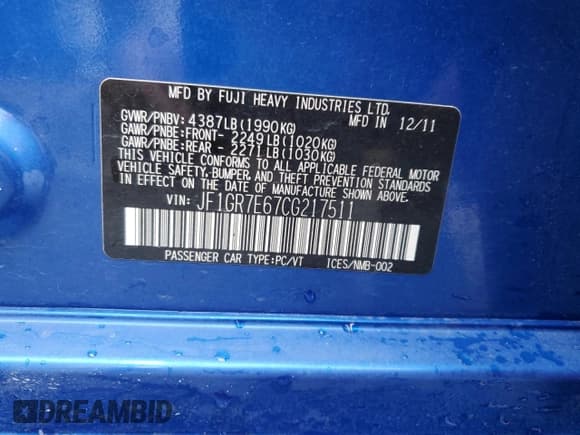 ✅ 2012 Subaru WRX WRX Limited • VIN: JF1GR7E67CG217511 • Lot: 84707125. Listed on Copart with 154,092 mi. Free auction sales archive from the USA and detailed vehicle history report at DreamBid. Image 12.