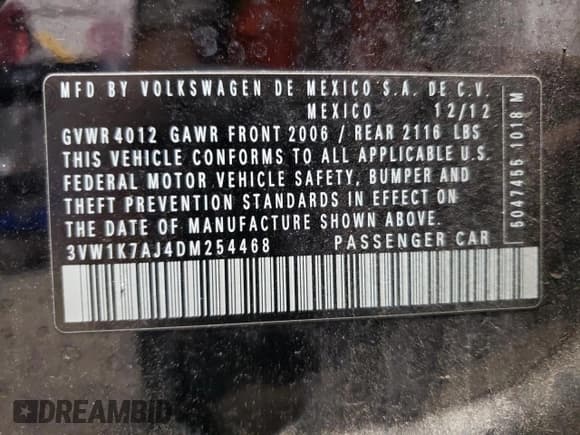 ✅ 2013 Volkswagen Jetta • VIN: 3VW1K7AJ4DM254468 • Лот: 81914335. Опубликован ранее на Copart с пробегом 135 639 миль. Бесплатный доступ к архиву аукционных продаж из США и подробный отчёт об истории автомобиля на DreamBid. Изображение 12.