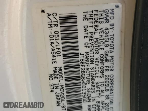 ✅ 1998 Lexus ES 300 • VIN: JT8BF28G8W5013500 • Lot: 49541405. Listed on Copart with 146,355 mi. Free auction sales archive from the USA and detailed vehicle history report at DreamBid. Image 12.