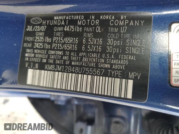 2008 Hyundai Tucson GLS z VIN KM8JM12B48U755567, wystawiony jako Copart lot #75073514 z przebiegiem Nie podano mil oraz Nie do naprawy • Non repairable. Historia ofert i sprzedaży dostępna na DreamBid. Obrazek 14.