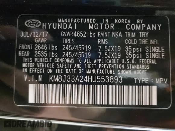 2017 Hyundai Tucson Sport z VIN KM8J33A24HU553893, wystawiony jako Copart lot #81850935 z przebiegiem 95 648 mil mil oraz Szkoda całkowita • Salvage title. Historia ofert i sprzedaży dostępna na DreamBid. Obrazek 13.