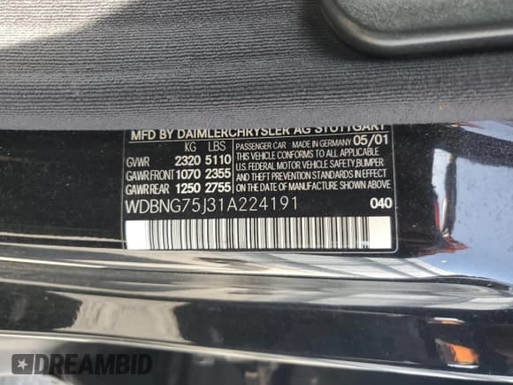 ✅ 2001 Mercedes-Benz S 320/430/500 • VIN: WDBNG75J31A224191 • Lot: 62028365. Wystawiony na Copart z przebiegiem 110 572 mil. Bezpłatny archiwum sprzedaży aukcyjnych z USA i szczegółowy raport historii pojazdu na DreamBid. Zdjęcie 12.