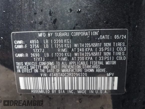 ✅ 2024 Subaru Outback Premium • VIN: 4S4BTADC2R3296320 • Lot: 42246698. Listed on IAAI with 28,188 mi. Free auction sales archive from the USA and detailed vehicle history report at DreamBid. Image 9.