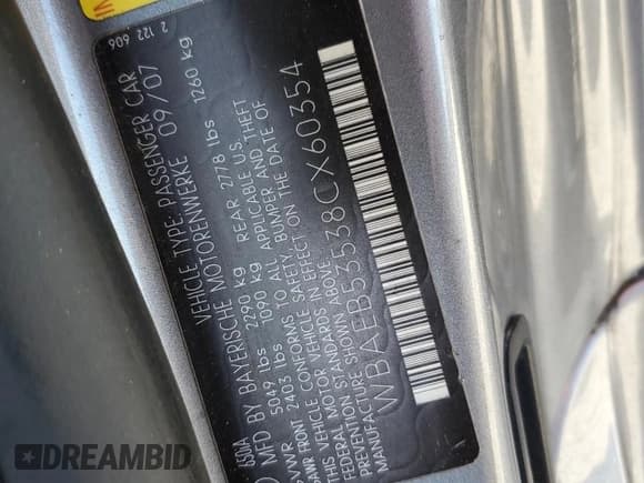 ✅ 2008 BMW 6 Series 650i • VIN: WBAEB53538CX60354 • Lot: 77579324. Listed on Copart with Not provided. Free auction sales archive from the USA and detailed vehicle history report at DreamBid. Image 13.