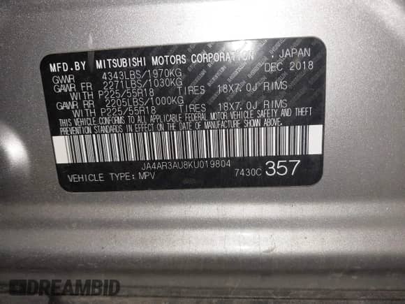 2019 Mitsubishi Outlander ES with VIN JA4AR3AU8KU019804, listed as a IAAI auction lot 40865371 with 92,476 mi miles and . Bid and sale history available at DreamBid. Image 9.