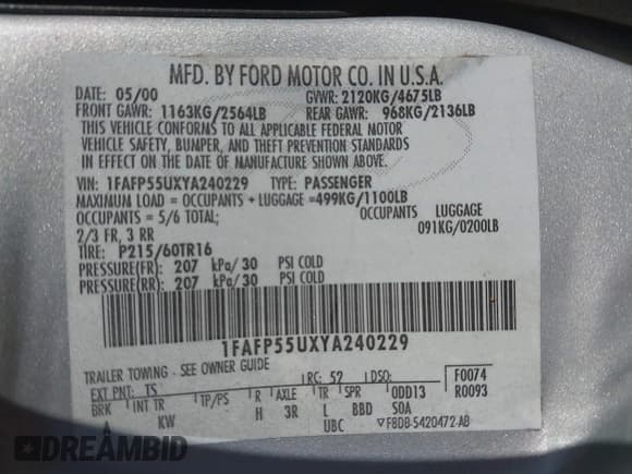 ✅ 2000 Ford Taurus SES • VIN: 1FAFP55UXYA240229 • Лот: 43231847. Опубликован ранее на IAAI с пробегом 114 662 миль. Бесплатный доступ к архиву аукционных продаж из США и подробный отчёт об истории автомобиля на DreamBid. Изображение 9.