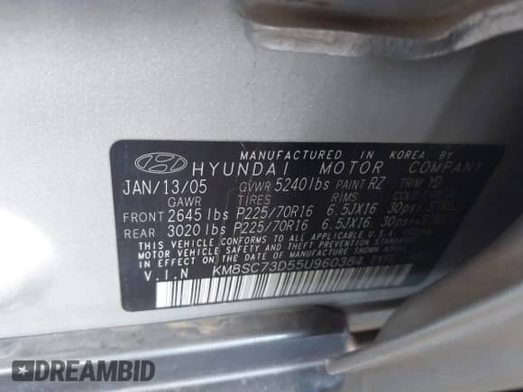 ✅ 2005 Hyundai Santa Fe GLS • VIN: KM8SC73D55U960384 • Лот: 41872928. Размещён на IAAI с пробегом 201 160 миль миль. Получите бесплатный доступ к архиву аукционных продаж из США и посмотрите подробный отчёт об истории автомобиля на DreamBid. Изображение 9.