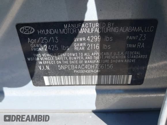 ✅ 2013 Hyundai Sonata GL • VIN: 5NPEB4AC4DH736156 • Lot: 40579750. Listed on IAAI with 101,762 mi. Free auction sales archive from the USA and detailed vehicle history report at DreamBid. Image 9.