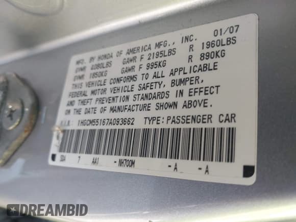 ✅ 2007 Honda Accord VP • VIN: 1HGCM55167A093662 • Lot: 42944697. Listed on IAAI with 214,849 mi. Free auction sales archive from the USA and detailed vehicle history report at DreamBid. Image 9.