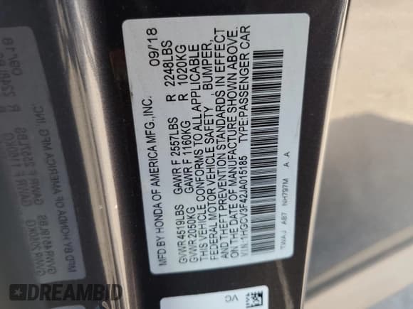 ✅ 2018 Honda Accord EX • VIN: 1HGCV3F42JA015185 • Лот: 69631945. Опубликован ранее на Copart с пробегом 108 070 миль. Бесплатный доступ к архиву аукционных продаж из США и подробный отчёт об истории автомобиля на DreamBid. Изображение 12.