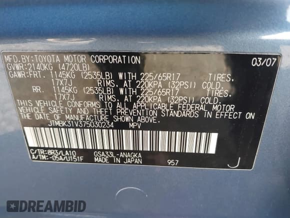 ✅ 2007 Toyota RAV4 Limited • VIN: JTMBK31V375030234 • Lot: 43766668. Listed on IAAI with 124,472 mi. Free auction sales archive from the USA and detailed vehicle history report at DreamBid. Image 9.