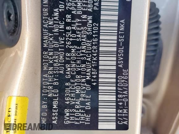 ✅ 2012 Toyota Camry LE • VIN: 4T4BF1FK4CR161102 • Лот: 91931815. Опубликован ранее на Copart с пробегом 81 949 миль. Бесплатный доступ к архиву аукционных продаж из США и подробный отчёт об истории автомобиля на DreamBid. Изображение 12.