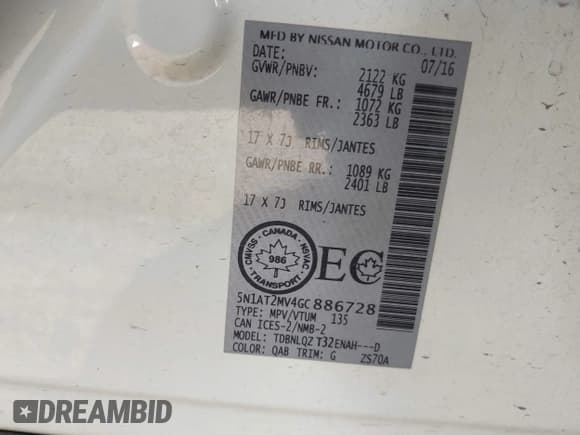 ✅ 2016 Nissan Rogue S • VIN: 5N1AT2MV4GC886728 • Lot: 43161122. Wystawiony na IAAI z przebiegiem 67 961 mil. Bezpłatny archiwum sprzedaży aukcyjnych z USA i szczegółowy raport historii pojazdu na DreamBid. Zdjęcie 9.