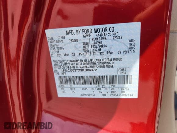 ✅ 2009 Ford Escape XLT • VIN: 1FMCU037X9KD06372 • Lot: 82212375. Listed on Copart with 51,149 mi. Free auction sales archive from the USA and detailed vehicle history report at DreamBid. Image 12.