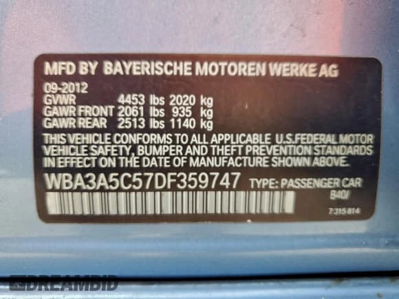 ✅ 2013 BMW 3 Series 328i • VIN: WBA3A5C57DF359747 • Lot: 96115555. Listed on Copart with 258,212 mi. Free auction sales archive from the USA and detailed vehicle history report at DreamBid. Image 12.