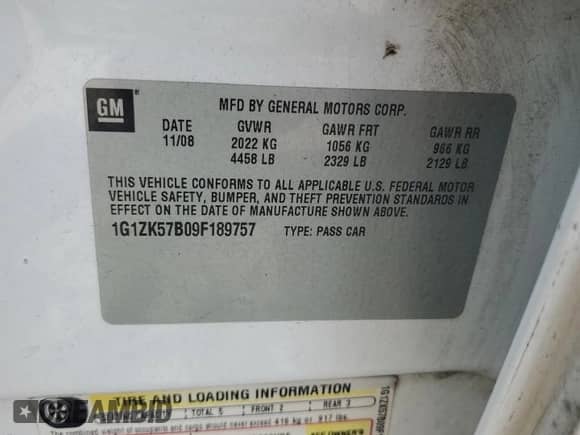 2009 Chevrolet Malibu LTZ with VIN 1G1ZK57B09F189757, listed as a Copart auction lot 85813515 with Not provided miles and Salvage title. Bid and sale history available at DreamBid. Image 12.