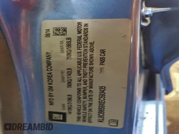 ✅ 2014 Chevrolet Spark LS • VIN: KL8CB6S9XEC593435 • Lot: 95487085. Listed on Copart with 147,830 mi. Free auction sales archive from the USA and detailed vehicle history report at DreamBid. Image 12.