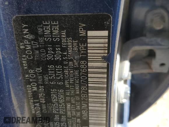 2008 Hyundai Tucson GLS с VIN KM8JM12B78U707688, выставлен на аукционе Copart как лот 79921474 с пробегом 237 389 миль миль и Списание • Salvage title. История ставок и продаж доступна на DreamBid. Изображение 13.